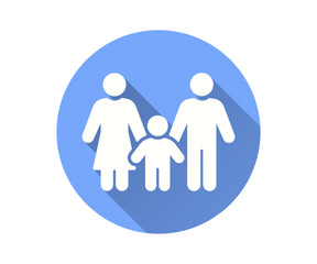 Family icon, vector flat design with long shadow. Illustrates a trio of figures, a mother, father, and child, hand-in-hand, set inside a blue circle.