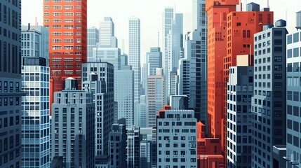 An urban-inspired background with simplified, blocky buildings in stark colors