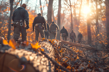 A team of workers in suits uses chainsaws to cut trees in a forest, showcasing teamwork and determination