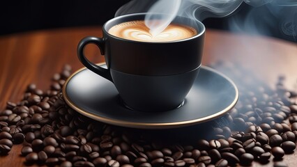 A steaming black coffee cup on a saucer, surrounded by a pile of coffee beans on a wooden surface. The steam rising from the cup adds warmth and coziness to the scene