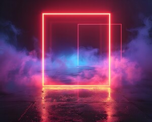 Futuristic Neon Frame with Glowing Edges in Surreal Atmospheric Landscape