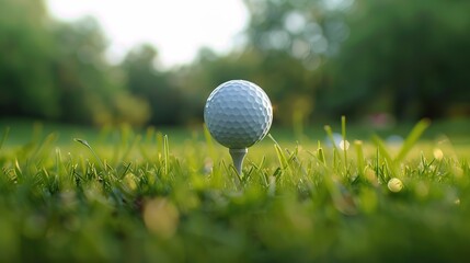 Close up golf ball on tee with blur green bokeh background. Golf ball on green grass.