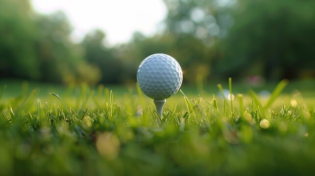 Close up golf ball on tee with blur green bokeh background. Golf ball on green grass.