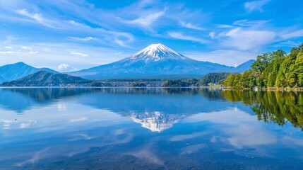 A serene view of Mount Fuji perfectly reflecting in the calm waters of Lake Kawaguchi, with a clear blue sky and surrounding landscape, capturing the essence of natural beauty.
