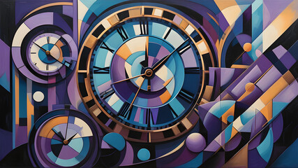 Purple Abstract Clock: Colorful Geometric Art Depicting Time Passing and Aging