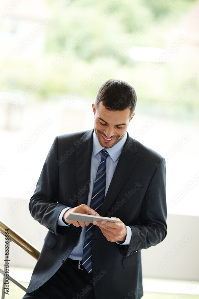 Poster office, smile and businessman with tablet for news app, drafting email and internet connection for l