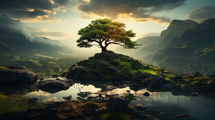 A Majestic Big Green Tree Standing Alone In Mountains Landscape on Black Bokeh Blur Background