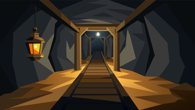The flickering light of a coal miners headlamp illuminating the narrow corridors and dusty walls of an old abandoned mine.. Vector illustration