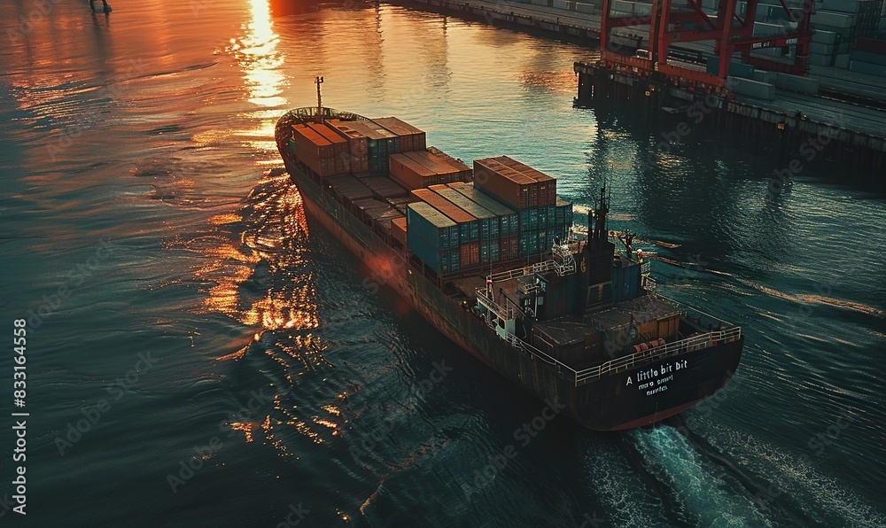 Poster Aerial view of a cargo ship loading and unloading at industrial port, a vessel with containers in a business logistics.