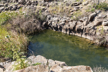 A small  lake with fish framed by rocks with overgrown bushes and trees on the banks in Yehudia National Natural Park in northern Israel