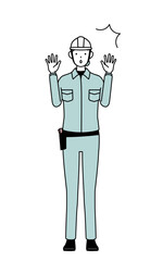 Female engineer in helmet and work wear raising her hand in surprise.