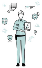 Image of DX, Female engineer in helmet and work wear using digital technology to improve her business