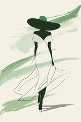 Sketch of a silhouette of an elegant woman with feminine dress and large hat in black and white and green