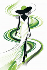 Sketch of a silhouette of an elegant woman with feminine dress and large hat in black and white and green