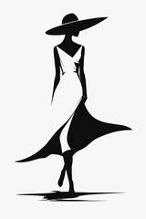 Sketch of a silhouette of an elegant woman with feminine dress and large hat in black and white 