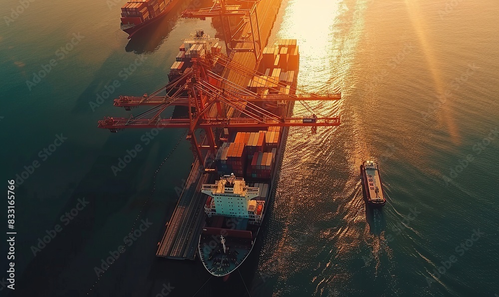 Poster Aerial top view of Container ship loading and unloading, Cargo container in deep seaport.