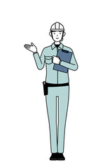 Female engineer in helmet and work wear holding a clipboard and extending her hand