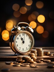 Alarm clock and stacked coins on wooden desk on the background of business buildings. Time for saving concept.