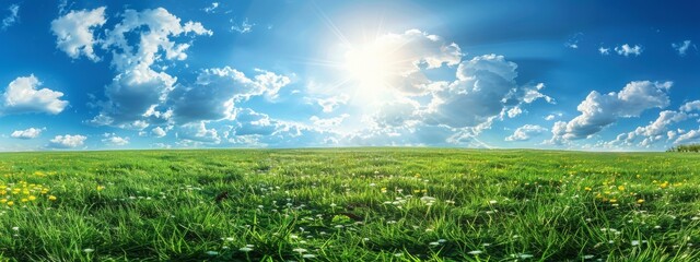 Fototapeta premium panoramic view of a beautiful green grass field with a blue sky and white clouds in the background