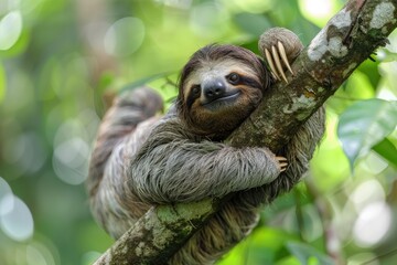 Naklejka premium Funny sloth hanging on tree branch. Wild animal in the rainforest of Costa Rica