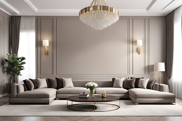  Luxury living room in taupe beige color. Brown and gray accents of the interior design room. Mockup empty painting wall. Large sofas in lounge area. Reception hall clubhouse or hotel. 3d rendering 