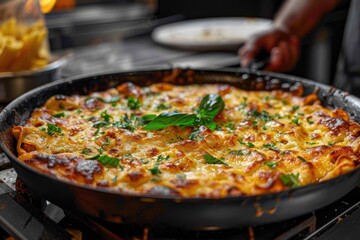 Lasagna being served in an black pan.