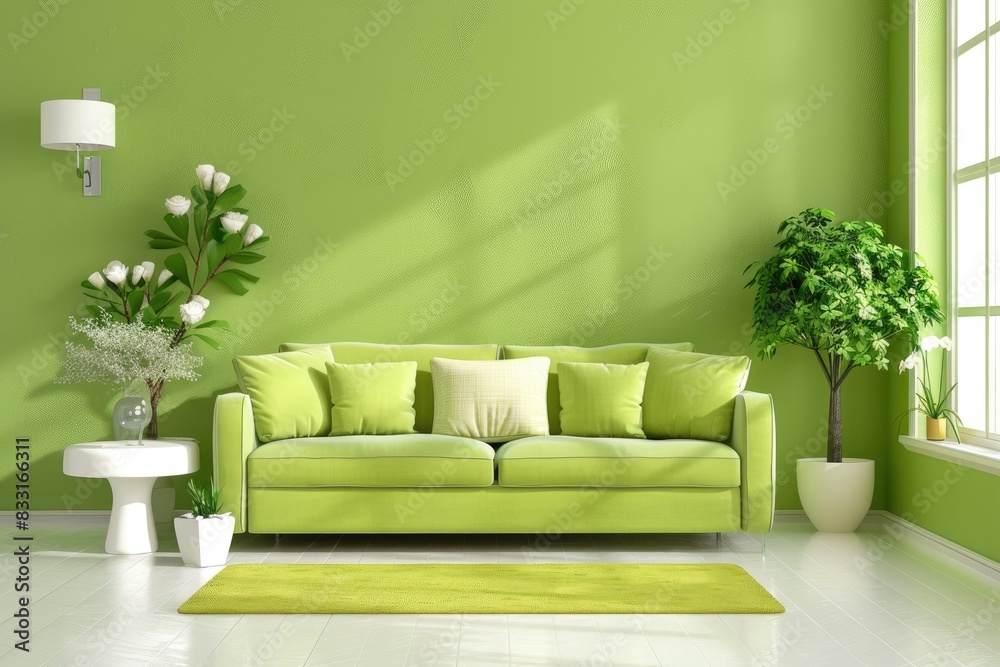 Wall mural modern green living room design with sofa and furniture with flowers.