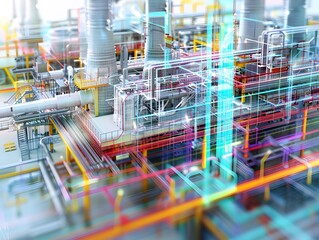 Illustration of Creating digital replicas of physical assets to simulate, predict, and optimize plant operations. Ai Generate.