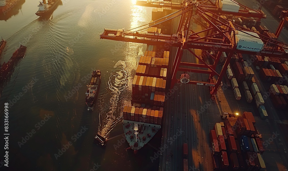 Poster Seaport for the international order concept. Aerial view of Container ship loading and unloading.