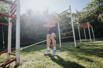 A shirtless man working out with a resistance band in an urban park, surrounded by greenery and...