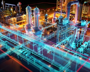 Illustration of Creating digital replicas of physical assets to simulate, predict, and optimize plant operations. Ai Generate.