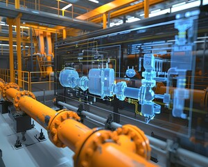 Illustration of Creating digital replicas of physical assets to simulate, predict, and optimize plant operations. Ai Generate.