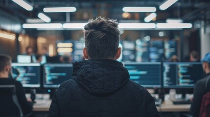 Technology Concept : a group man of developers with monitors showing lines of code in the office