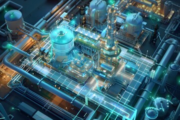 Illustration of Creating digital replicas of physical assets to simulate, predict, and optimize plant operations. Ai Generate.