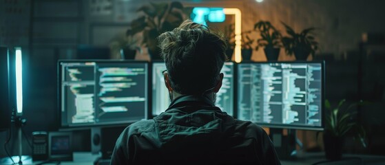 Technology Concept : a group man of developers with monitors showing lines of code in the office