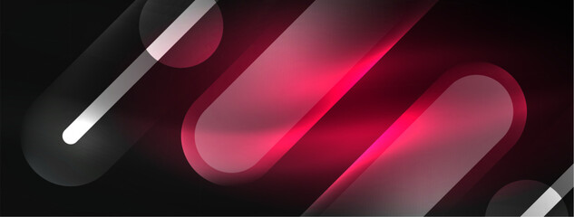 Abstract design pulsates with neon glowing light effects, casting an entrancing glow in the darkness, captivating the eye with its vibrant energy. Glass circles neon glowing light effects