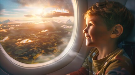 A happy little boy smile airplane passenger looks out the window at a beautiful landscape and...