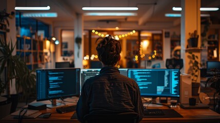 Fototapeta premium Technology Concept : a group man of developers with monitors showing lines of code in the office