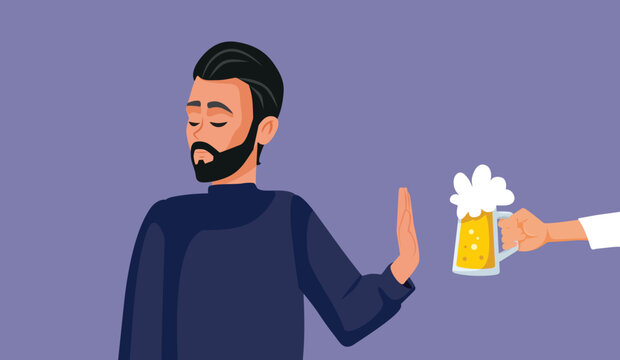 Man Refusing a Beer Pint Choosing Sobriety Vector Cartoon. Nondrinker person decline an offer for alcoholic drink at a party
