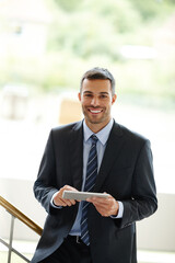 Portrait, tablet and businessman with smile for communication, update and agenda in office. Digital...