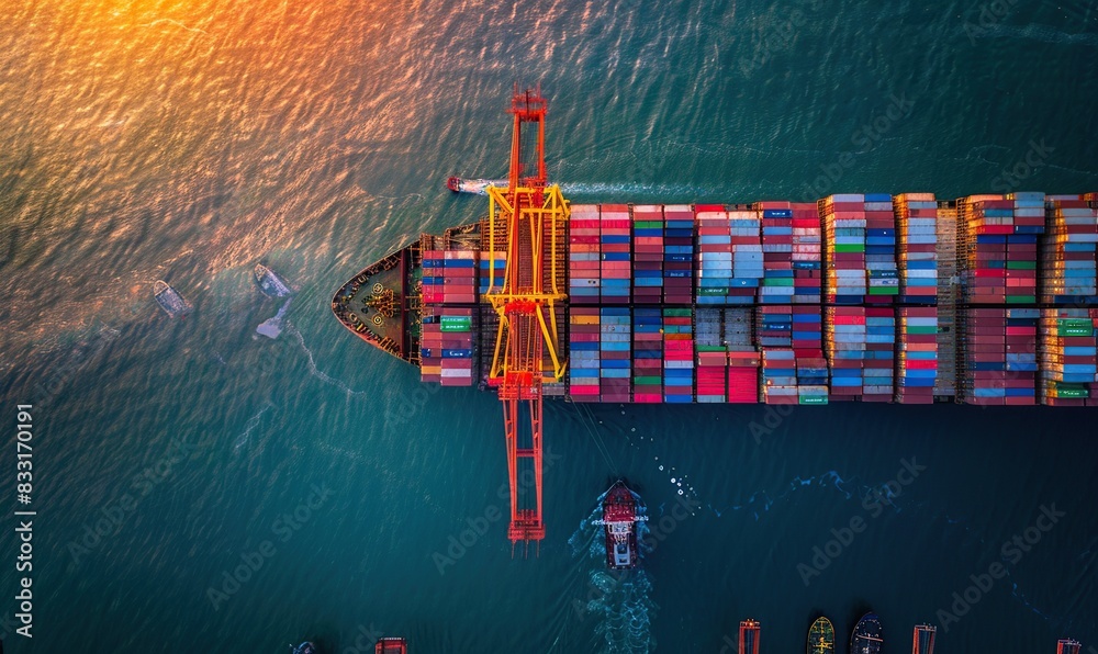 Poster aerial view of a container ship loading cargo for business logistics with a crane in a sunrise backg