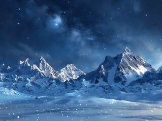 Snowy Mountain Peaks Under Starry Night Sky Serene Wilderness Landscape