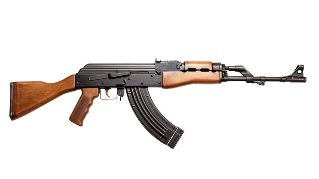 Russian Kalashnikov automatic machine assault rifle AK 47 isolated on transparent background PNG cut out clipart.