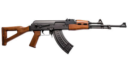 Russian Kalashnikov automatic machine assault rifle AK 47 isolated on transparent background PNG cut out clipart.