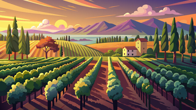 landscape with a vineyard, Lush vineyards at harvest time, with rows of grapevines under a setting sun