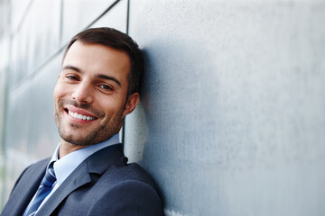 Building, outside or businessman with smile in portrait for corporate business or startup with...