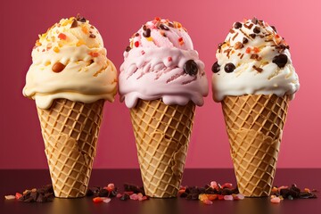 Three ice creams with three different flavors of strawberry, vanilla and banana on a bright background.