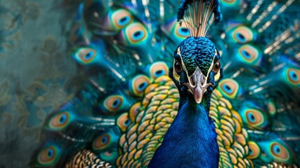 Portrait of peacock in human clothing. Creative portrait of wild animal on abstract background. Antropomorphic animal. Created with Generative AI