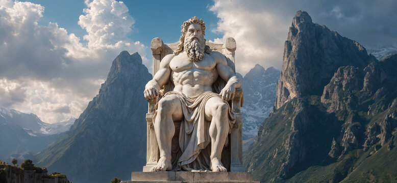 The majestic Statue of Zeus sits enthroned atop the craggy peak of Mount Olympus, Generative AI	