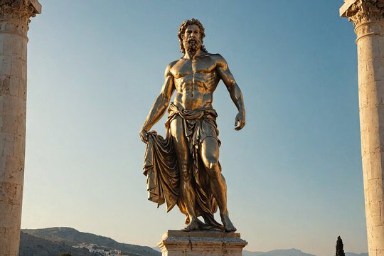 Statue of Zeus stands in a temple with a majestic background, Generative AI